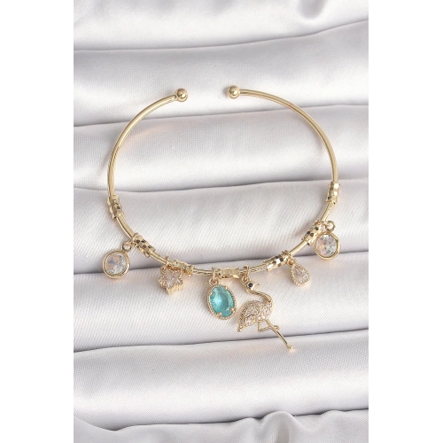 BFS Pirinç Gold Renk Zirkon Taşlı Sallantı Filamingo Figür Charm Kadın Bileklik