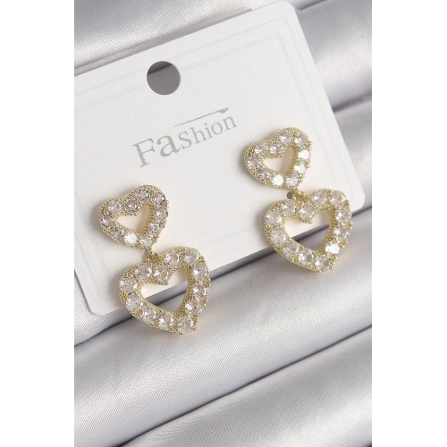 BFS Pirinç Gold Renk Zirkon Taşlı Sallantı Kalp Model Kadın Küpe