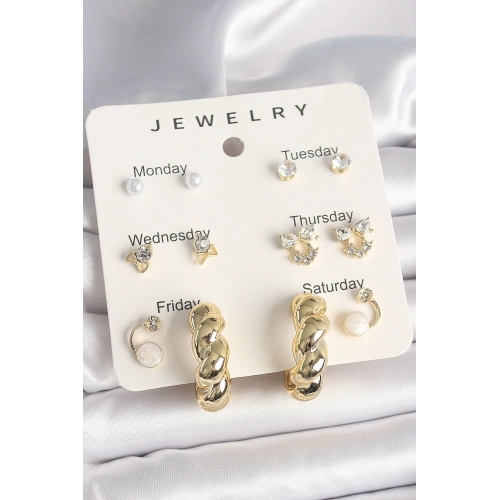 BFS Pirinç Gold Renk Zirkon Taşlı Sarmal Halka Model 7Li Kadın Küpe Seti