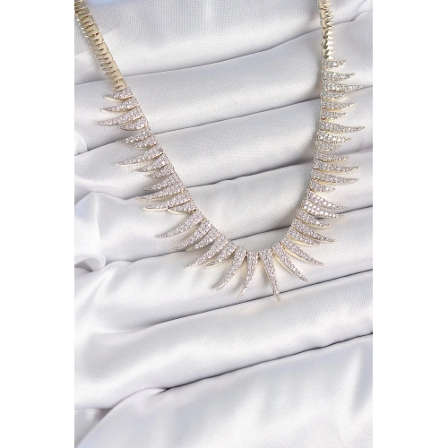 BFS Pirinç Gold Renk Zirkon Taşlı Sivri Model VIP Seri Kadın Kolye