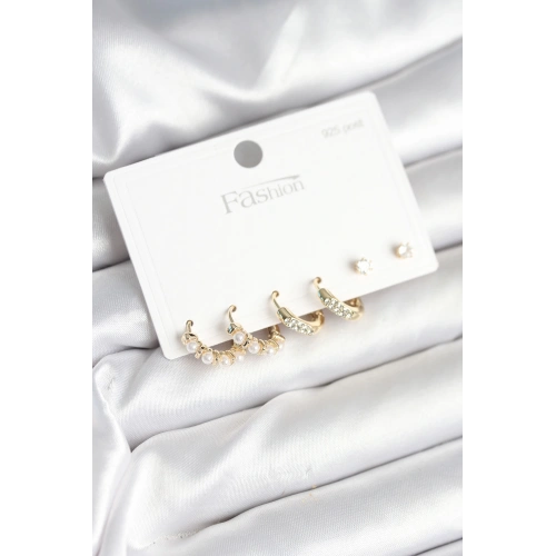 BFS Pirinç Gold Renk Zirkon Taşlı ve İncili Model 925 Ayar Gümüş Çivi Kadın Küpe Seti