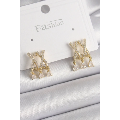 BFS Pirinç Gold Renk Zirkon Taşlı X Model Sallantı Detay Kadın Küpe