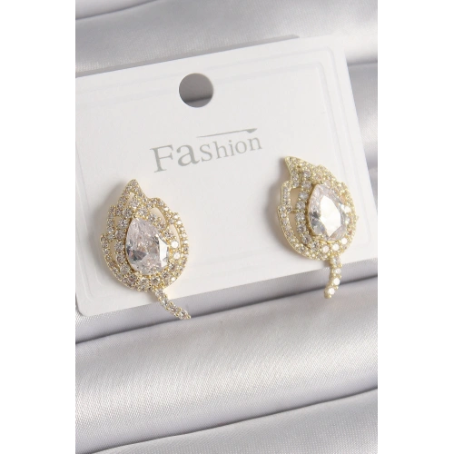 BFS Pirinç Gold Renk Zirkon Taşlı Yaprak Model Kadın Küpe