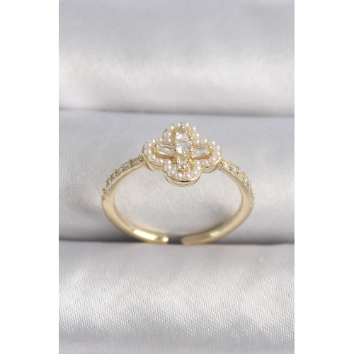 BFS Pirinç Gold Renk Zirkon Taşlı Yonca Model İnci Detay Kadın Yüzük