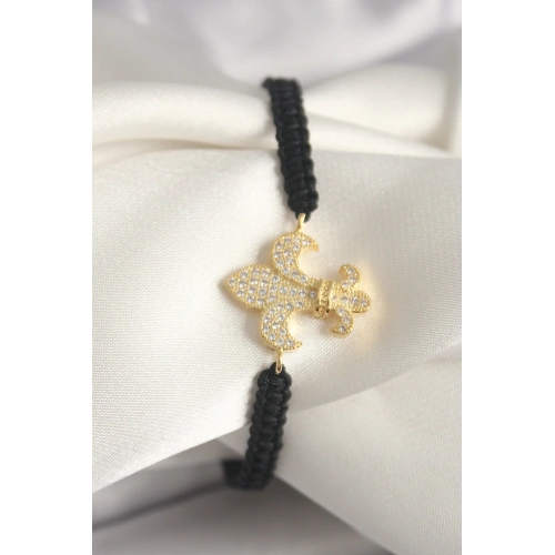 BFS Pirinç Gold Renk Zirkon Taşlı Zambak Figür Asansörlü Makrome Model Kadın Bileklik