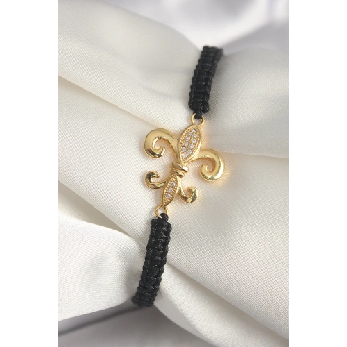 BFS Pirinç Gold Renk Zirkon Taşlı Zambak Figür Asansörlü Makrome Model Kadın Bileklik