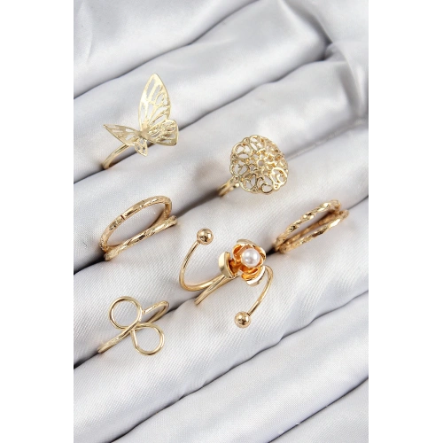 BFS Pirinç Gül Kelebek Model Gümüş Renk Kadın Yüzük Kombin Set