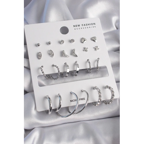 BFS Pirinç Gümüş Renk 12 Çift Kadın Küpe Seti