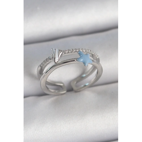 BFS Pirinç Gümüş Renk 2Li Zirkon Taşlı Mavi Yıldız Figür Ayarlanabilir Kadın Yüzük