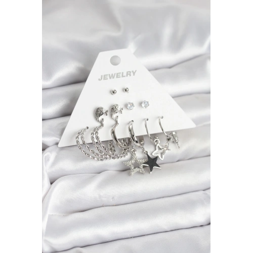 BFS Pirinç Gümüş Renk 6lı Kadın Küpe Seti