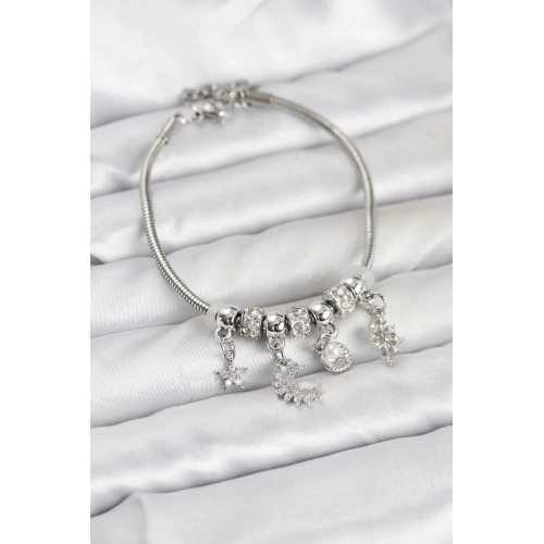 BFS Pirinç Gümüş Renk Ay Charm Model Charmlı Kadın Bileklik