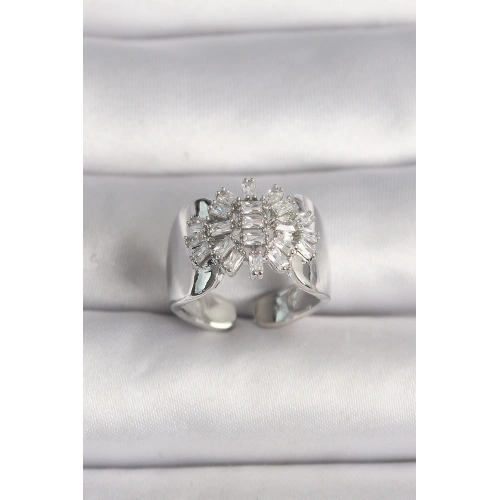 BFS Pirinç Gümüş Renk Ayarlanabilir Baget Zirkon Taş Model Kadın Yüzük