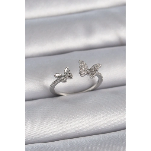 BFS Pirinç Gümüş Renk Ayarlanabilir Zirkon Taşlı Kelebek Model Kadın Yüzük