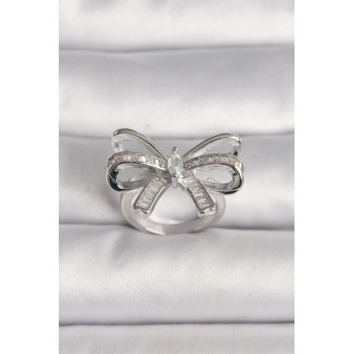 BFS Pirinç Gümüş Renk Ayarlanabilir Zirkon Taşlı Kurdele Model Kadın Yüzük