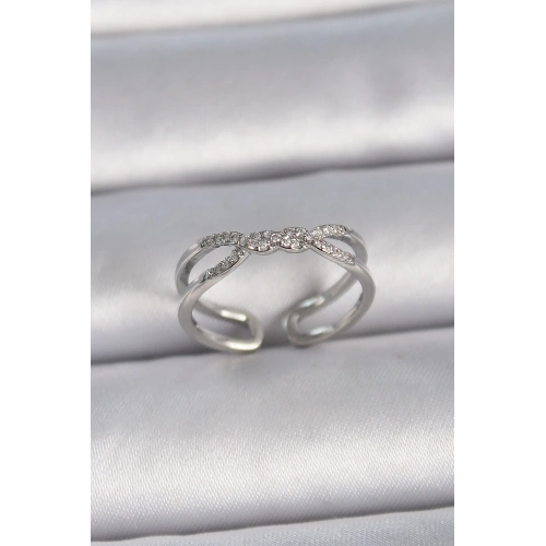 BFS Pirinç Gümüş Renk Ayarlanabilir Zirkon Taşlı Sarmal Model Kadın Yüzük