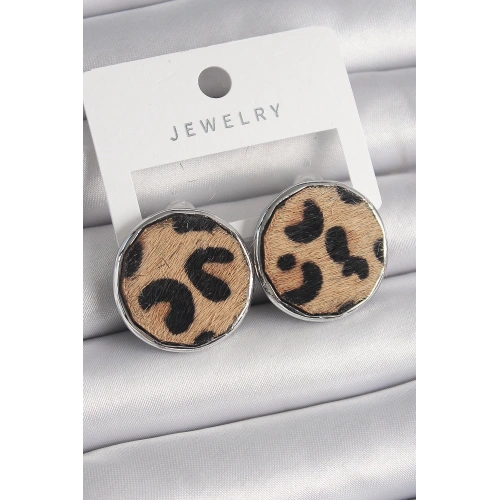 BFS Pirinç Gümüş Renk Daire Plaka Model Leopar Desenli Kadın Küpe