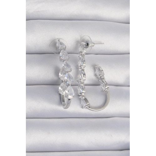 BFS Pirinç Gümüş Renk Damla Zirkon Taş Tasarımlı Küpe