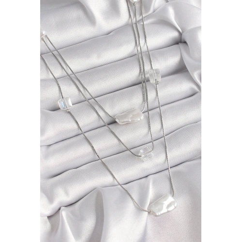 BFS Pirinç Gümüş Renk Ezme İnci Model Çoklu Kadın Kolye