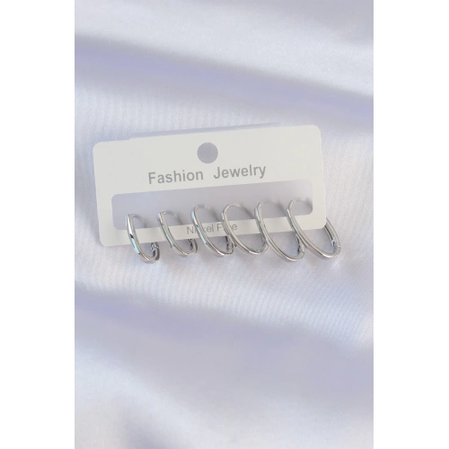 BFS Pirinç Gümüş Renk İnce Oval Küpe Seti