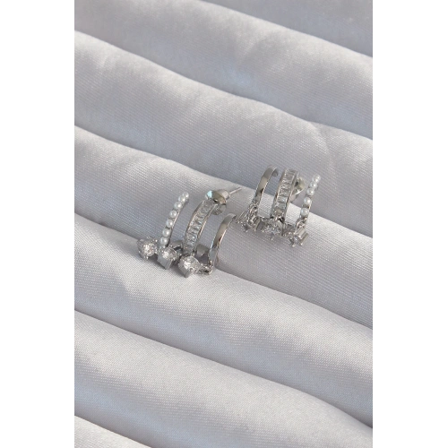 BFS Pirinç Gümüş Renk İncili Çoklu Zirkon Taşlı Yarım Halka Küpe