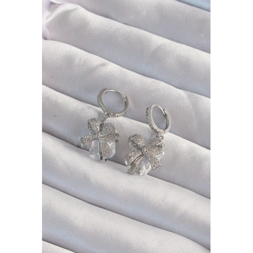 BFS Pirinç Gümüş Renk İri Zirkon Taşlı Fiyonk Model Halka Küpe