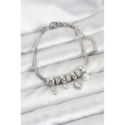 BFS Pirinç Gümüş Renk Kalp Charmlı Kadın Bileklik