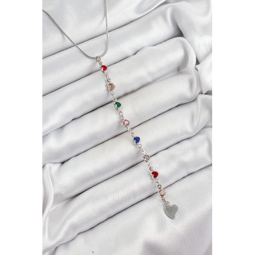 BFS Pirinç Gümüş Renk Karışık Renk Zirkon Taşlı Kalpli Y Kadın Kolye