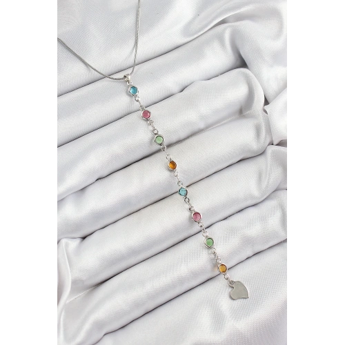 BFS Pirinç Gümüş Renk Karışık Renk Zirkon Taşlı Y Kadın Kolye