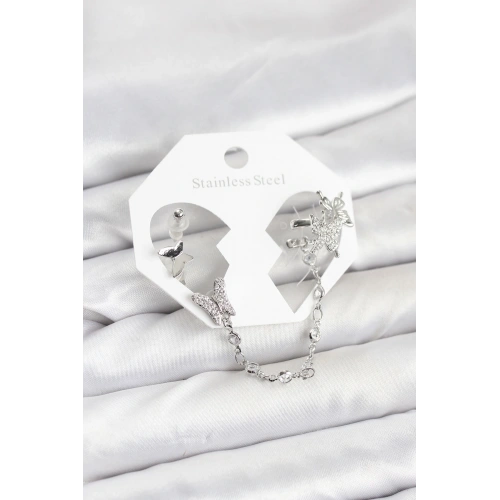 BFS Pirinç Gümüş Renk Kelebek Model Zincir Bağlantılı Ear Cuff Küpe Seti