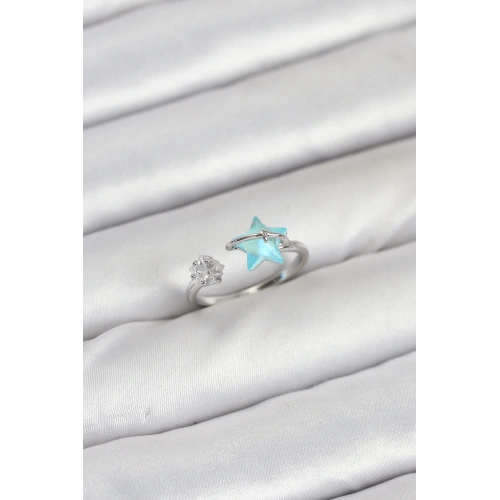 BFS Pirinç Gümüş Renk Mavi Yıldızlı Model Kadın Yüzük