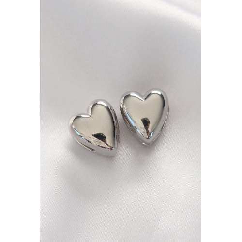 BFS Pirinç Gümüş Renk Minimal Bombeli Kalp Küpe