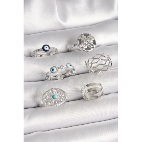 BFS Pirinç Gümüş Renk Nazar Boncuk Zirkon Taş Detaylı Dalga Figür Kadın Yüzük Kombini