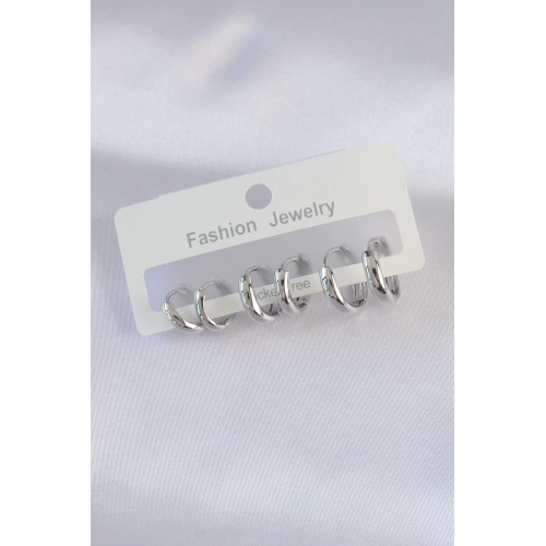 BFS Pirinç Gümüş Renk Oval Bombeli Küpe Seti