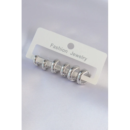 BFS Pirinç Gümüş Renk Oval Bombeli Küpe Seti