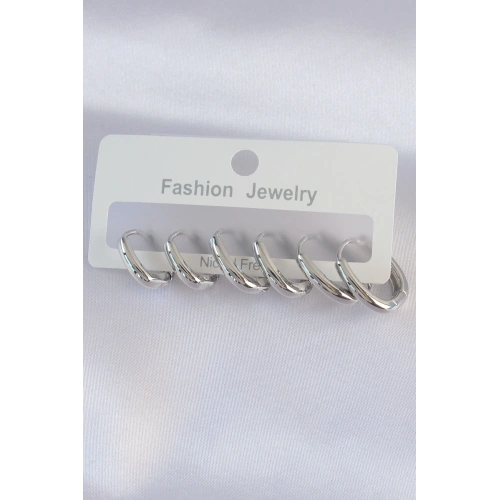 BFS Pirinç Gümüş Renk Oval Küpe Seti