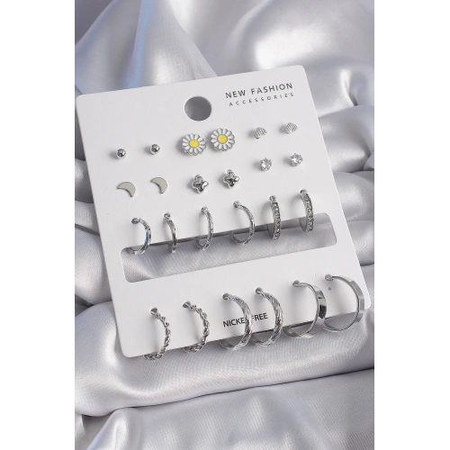 BFS Pirinç Gümüş Renk Papatya Detaylı 12 Çiftli Kadın Küpe Seti