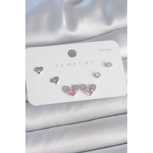 BFS Pirinç Gümüş Renk Pembe Zirkon Taşlı Kalp Model 925 Ayar Gümüş Çivi Kadın Küpe Seti