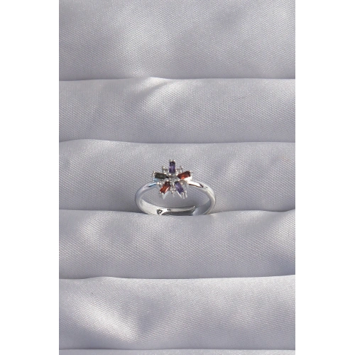 BFS Pirinç Gümüş Renk Renkli Zirkon Taşlı Ayarlamalı Yüzük