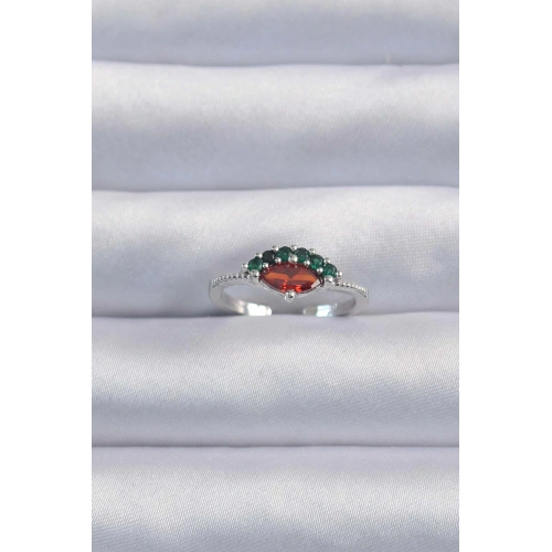 BFS Pirinç Gümüş Renk Renkli Zirkon Taşlı Ayarlanabilir Karpuz Model Yüzük