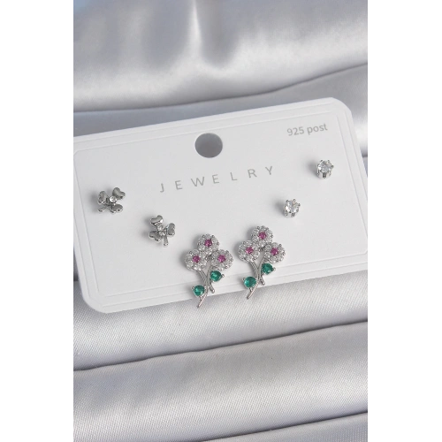 BFS Pirinç Gümüş Renk Renkli Zirkon Taşlı Çiçek Model Yaprak Detay 925 Ayar Gümüş Çivi Kadın Küpe Seti