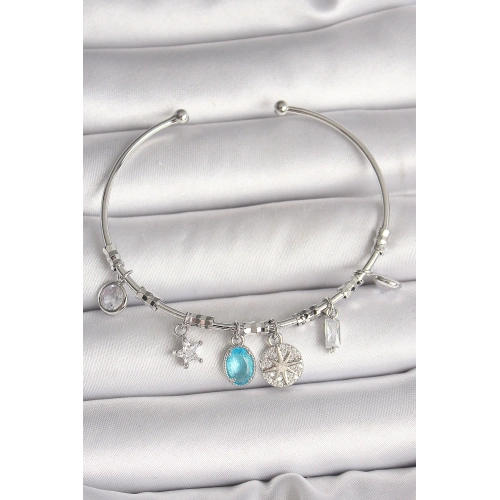 BFS Pirinç Gümüş Renk Sallantı Pusula Figür Kalp Detay Charm Kadın Bileklik