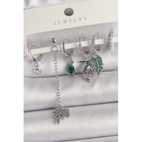 BFS Pirinç Gümüş Renk Sallantı Zirkon Taşlı Ağaç Figür Çoklu Kadın Küpe Seti