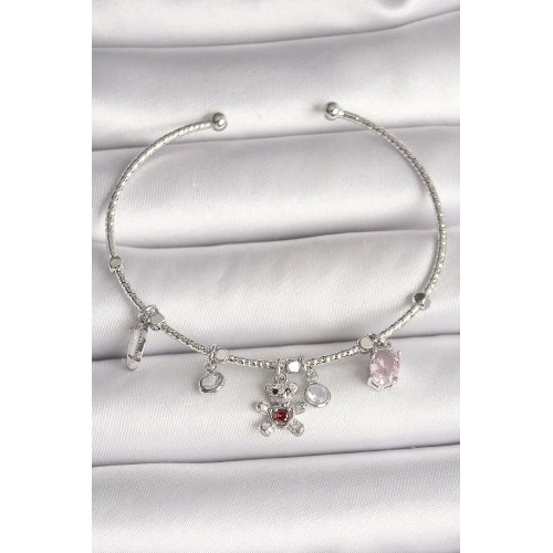 BFS Pirinç Gümüş Renk Sallantı Zirkon Taşlı Ayıcık Figür Kırmızı Taş Detay Charm Kadın Bileklik