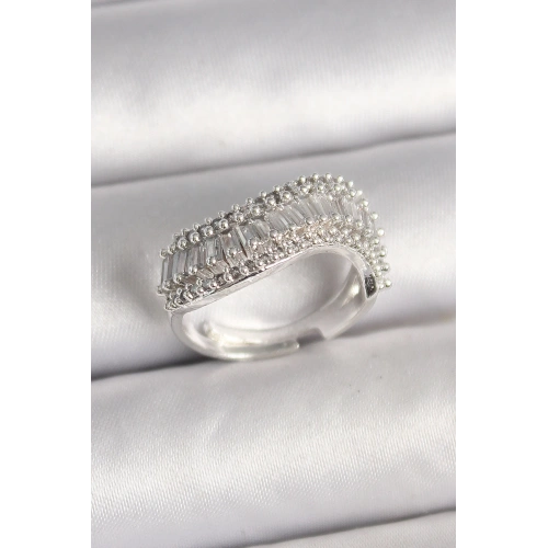 BFS Pirinç Gümüş Renk Su Yolu Zirkon Dalga Model Ayarlanabilir Kadın Yüzük