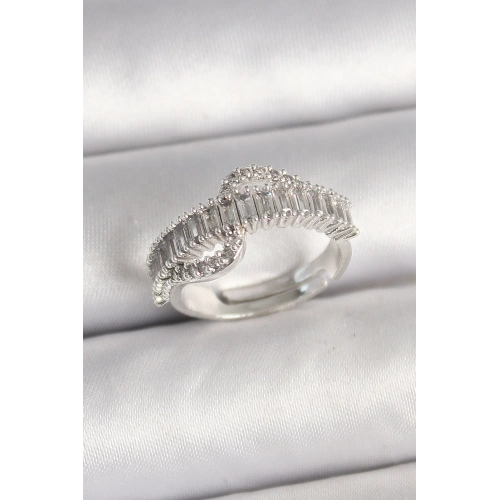 BFS Pirinç Gümüş Renk Su Yolu Zirkon Taşlı Ayarlanabilir Model Kadın Yüzük