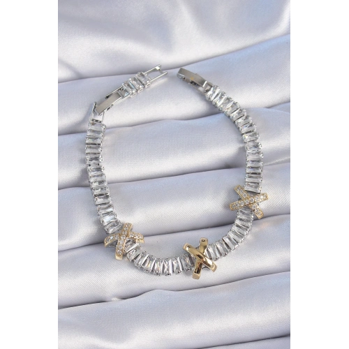 BFS Pirinç Gümüş Renk Taşlı Su Yolu Model VİP Seri Kadın Bileklik