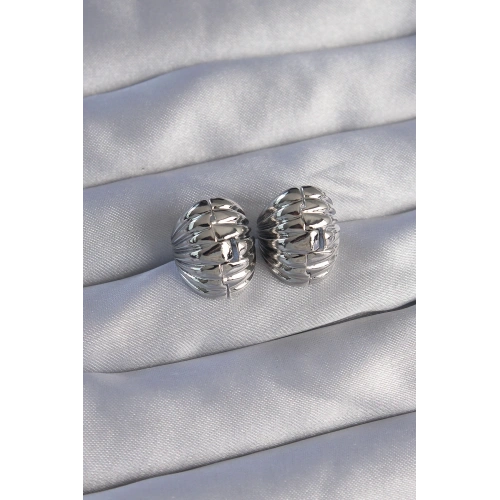 BFS Pirinç Gümüş Renk Tırtıklı Minimal Bombeli Tasarım Küpe