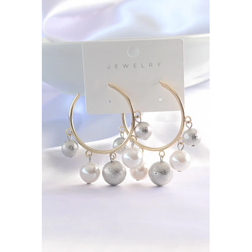 BFS Pirinç Gümüş Renk Topçuk Model Gold Renk Halka Küpe