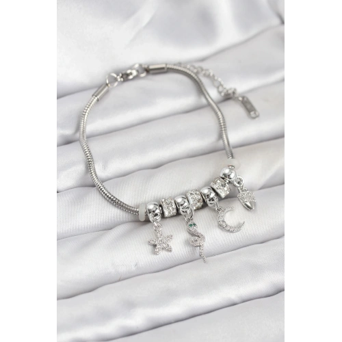 BFS Pirinç Gümüş Renk Yılan Charmlı Kadın Bileklik