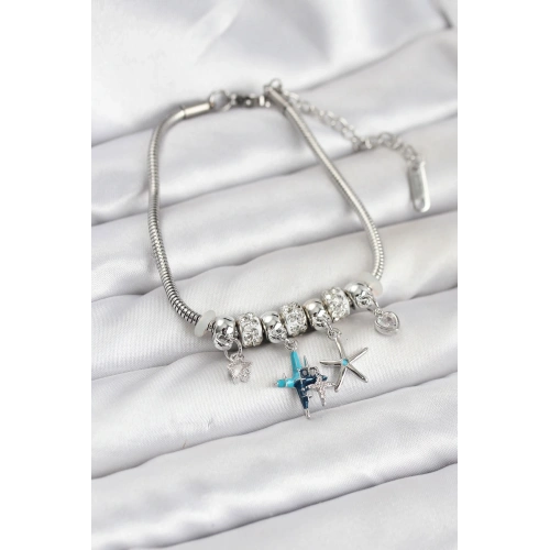 BFS Pirinç Gümüş Renk Yıldız Model Charmlı Kadın Bileklik